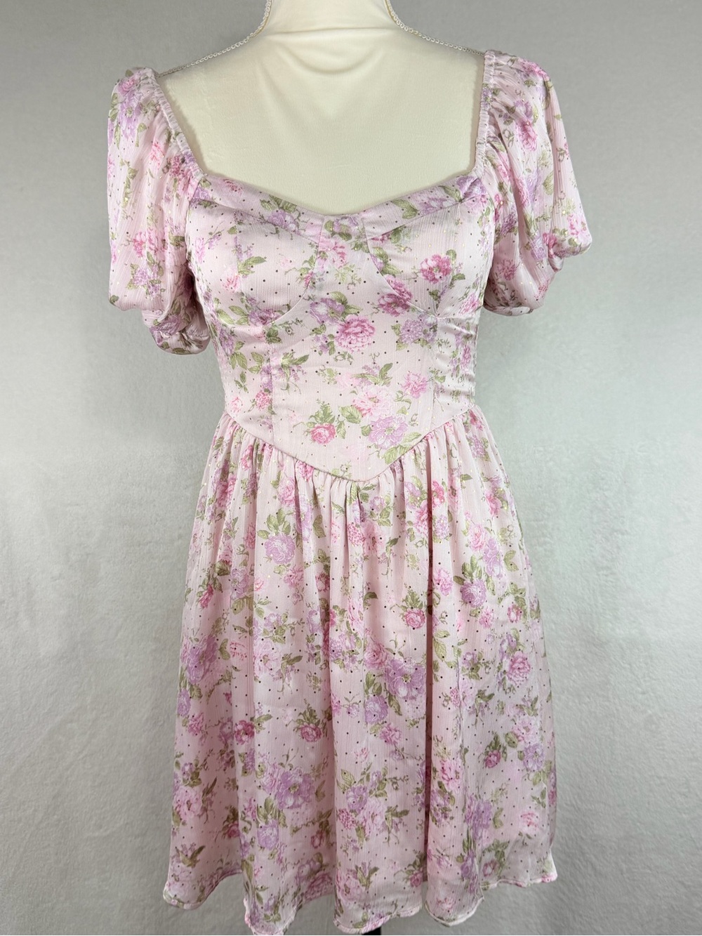 Jessica Simpson Pink Floral Mini Dress Puff Sleeve Sweetheart Neck